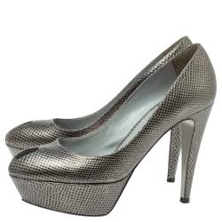 Pre Owned حذاء كعب عالى سيرجيو روسى نعل سميك مقدمة مفتوحة جلد نقش سحلية رمادى مقاس 38