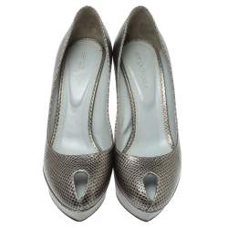 Pre Owned حذاء كعب عالى سيرجيو روسى نعل سميك مقدمة مفتوحة جلد نقش سحلية رمادى مقاس 38