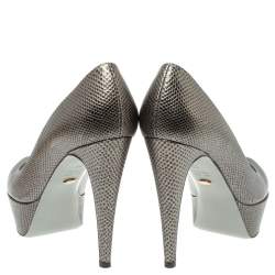 Pre Owned حذاء كعب عالى سيرجيو روسى نعل سميك مقدمة مفتوحة جلد نقش سحلية رمادى مقاس 38