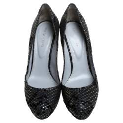 Pre Owned Sergio Rossi Black/Gold Python Embossed Suede Round Toe Pumps Size 38.5