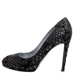 Pre Owned Sergio Rossi Black/Gold Python Embossed Suede Round Toe Pumps Size 38.5