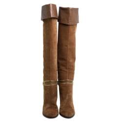 Pre Owned Sergio Rossi Brown Suede Zip Embellished Knee Length Boots Size 38