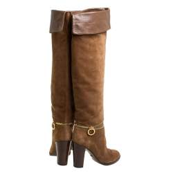 Pre Owned Sergio Rossi Brown Suede Zip Embellished Knee Length Boots Size 38