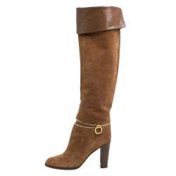 Pre Owned Sergio Rossi Brown Suede Zip Embellished Knee Length Boots Size 38