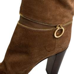 Pre Owned Sergio Rossi Brown Suede Zip Embellished Knee Length Boots Size 38