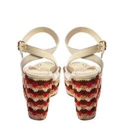 Pre Owned صندل سيرجيو روسى سيور كاحل عقدة نعل روكى سميك قماش وجلد أبيض مقاس 35.5