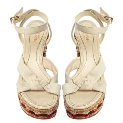 Pre Owned صندل سيرجيو روسى س يور كاحل عقدة نعل روكى سميك قماش وجلد أبيض مقاس 35.5