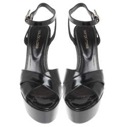 Pre Owned صندل سيرجيو روسى نعل روكى سير كاحل جلد لامع سيور متقاطعة أسود مقاس 36