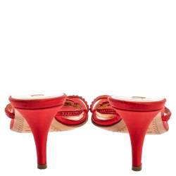 Sergio Rossi Red Satin Crystal Embellished Slip On Sandals Size 37.5