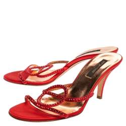 Sergio Rossi Red Satin Crystal Embellished Slip On Sandals Size 37.5