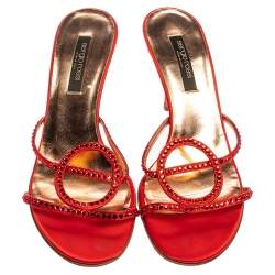 Sergio Rossi Red Satin Crystal Embellished Slip On Sandals Size 37.5