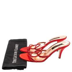 Sergio Rossi Red Satin Crystal Embellished Slip On Sandals Size 37.5