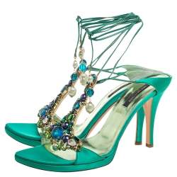 Pre Owned Sergio Rossi Green Satin Crystal Embellished Open Toe Tie Up Sandals Size 41
