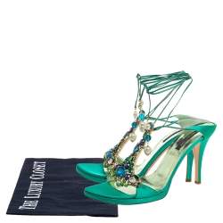 Pre Owned Sergio Rossi Green Satin Crystal Embellished Open Toe Tie Up Sandals Size 41