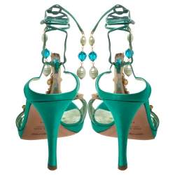 Pre Owned Sergio Rossi Green Satin Crystal Embellished Open Toe Tie Up Sandals Size 41