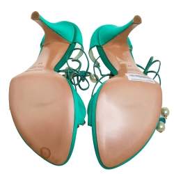 Pre Owned Sergio Rossi Green Satin Crystal Embellished Open Toe Tie Up Sandals Size 41