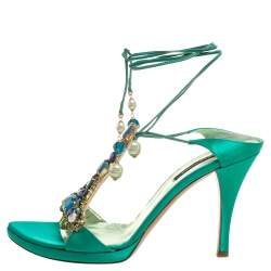Pre Owned Sergio Rossi Green Satin Crystal Embellished Open Toe Tie Up Sandals Size 41