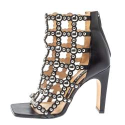 Pre Owned Sergio Rossi Black Leather Embellished Cut Out Sandals Size 37.5