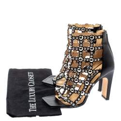 Pre Owned Sergio Rossi Black Leather Embellished Cut Out Sandals Size 37.5