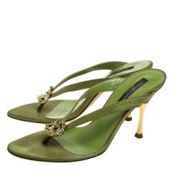 Pre Owned Sergio Rossi Green Satin Crystal Embellished Slide Sandals Size 36.5