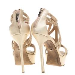 Sergio Rossi Beige Satin Crystal Embellished Strappy Platform Sandals Size 39