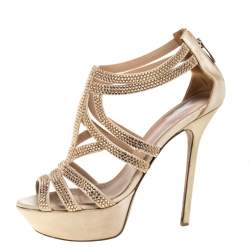 Sergio Rossi Beige Satin Crystal Embellished Strappy Platform Sandals Size 39