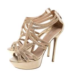 Sergio Rossi Beige Satin Crystal Embellished Strappy Platform Sandals Size 39