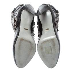 Pre Owned Sergio Rossi Black Lizard Embossed Leather Fringe Boots Size 38.5