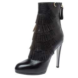 Pre Owned Sergio Rossi Black Lizard Embossed Leather Fringe Boots Size 38.5