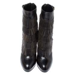 Pre Owned Sergio Rossi Black Lizard Embossed Leather Fringe Boots Size 38.5