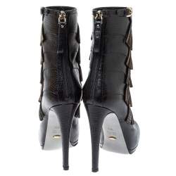 Pre Owned Sergio Rossi Black Lizard Embossed Leather Fringe Boots Size 38.5