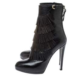 Pre Owned Sergio Rossi Black Lizard Embossed Leather Fringe Boots Size 38.5
