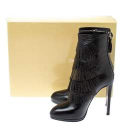 Pre Owned Sergio Rossi Black Lizard Embossed Leather Fringe Boots Size 38.5