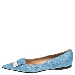 Pre Owned Sergio Rossi Light Blue Glitter Metal Detail Ballet Flats Size 39.5
