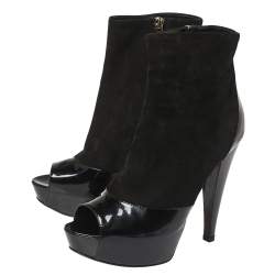 Pre Owned Sergio Rossi Black Patent And Suede Leather Baltimora Peep Toe Platform Ankle Boots Size 37.5