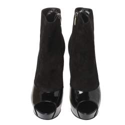 Pre Owned Sergio Rossi Black Patent And Suede Leather Baltimora Peep Toe Platform Ankle Boots Size 37.5