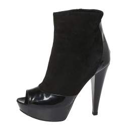 Pre Owned Sergio Rossi Black Patent And Suede Leather Baltimora Peep Toe Platform Ankle Boots Size 37.5