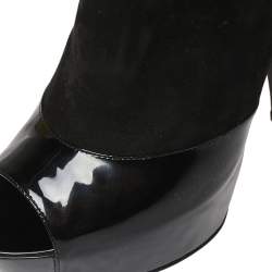 Pre Owned Sergio Rossi Black Patent And Suede Leather Baltimora Peep Toe Platform Ankle Boots Size 37.5