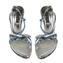 Sergio Rossi Blue Glittered Fabric Strappy Sandals Size 40