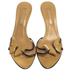 Sergio Rossi Beige/Grey Patent Leather Butterfly Curve Heel Slide Sandals Size 38.5