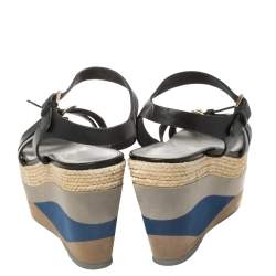 Sergio Rossi Black Leather Wedge Espadrille Ankle Strap Sandals Size 40