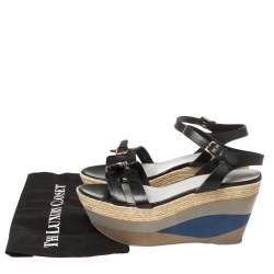 Sergio Rossi Black Leather Wedge Espadrille Ankle Strap Sandals Size 40