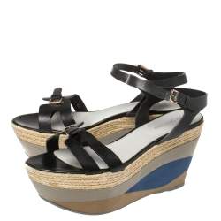Sergio Rossi Black Leather Wedge Espadrille Ankle Strap Sandals Size 40