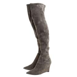 Pre Owned Sergio Rossi Grey Suede Over The Knee Wedge Boots Size 37.5