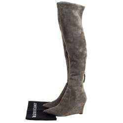Pre Owned Sergio Rossi Grey Suede Over The Knee Wedge Boots Size 37.5