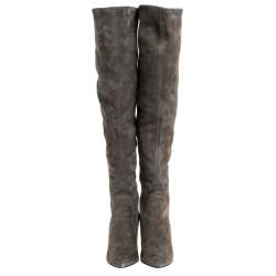 Pre Owned Sergio Rossi Grey Suede Over The Knee Wedge Boots Size 37.5