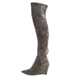 Pre Owned Sergio Rossi Grey Suede Over The Knee Wedge Boots Size 37.5