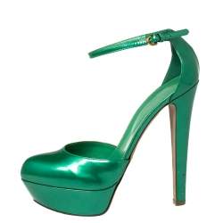 Pre Owned Sergio Rossi Green Patent Leather Ankle Strap Platform Sandals Size 39