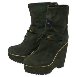 Pre Owned Sergio Rossi Dark Green Suede Lace Wedge Ankle Boots Size 40