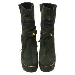 Pre Owned Sergio Rossi Dark Green Suede Lace Wedge Ankle Boots Size 40